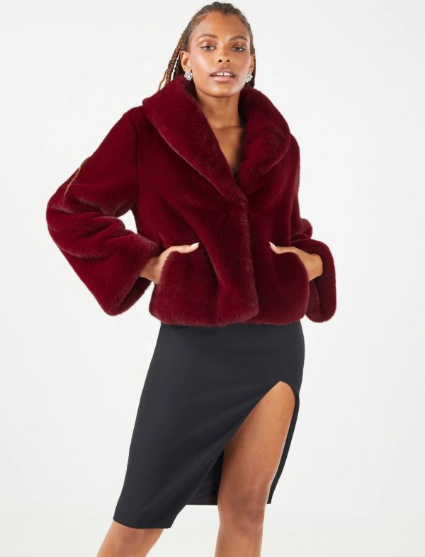 BCBG SHAWL COLLAR FAUX FUR JACKET - SCARLET - Image 2