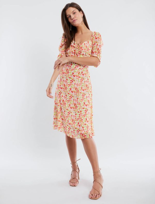 BCBG SHORT PUFF SLEEVE MIDI DRESS - BLURRED BUTTERCUP