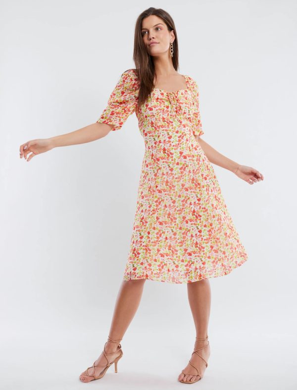 BCBG SHORT PUFF SLEEVE MIDI DRESS - BLURRED BUTTERCUP - Image 3