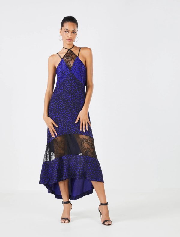 BCBG BARBARELLA EVENING DRESS - DOTTED PRINT BLUE BLACK COMBO