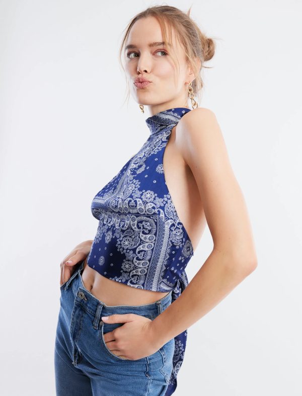 BCBG TIE BACK BANDANA HALTER TOP - NAVY/WHITE - Image 3