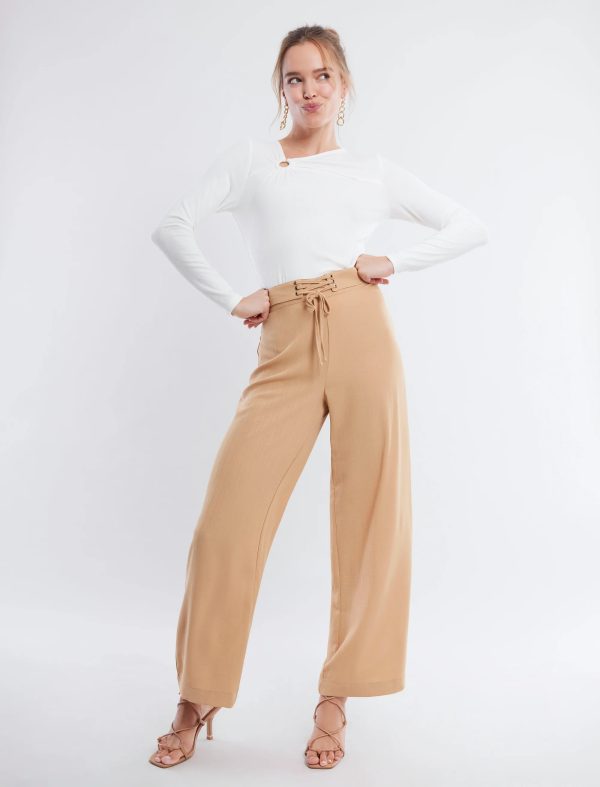 BCBG TIE FRONT WIDE-LEG PANT - TAN