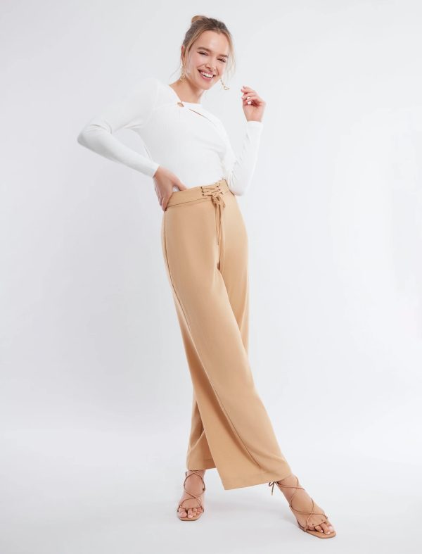 BCBG TIE FRONT WIDE-LEG PANT - TAN - Image 3