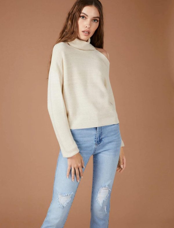 BCBG TURTLENECK CUTOUT SHOULDER SWEATER - IVORY CHAMPAGNE - Image 2