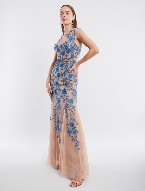 BCBG VERONIQUE SHEER LACE EVENING GOWN - FRENCH BLUE COMBO - Image 3