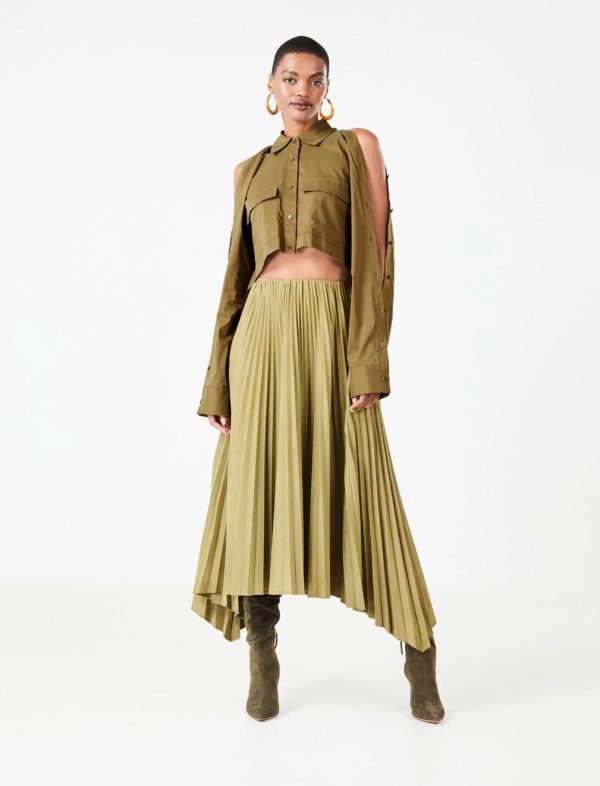 BCBG BIANCA ASYMMETRICAL BUTTON-DOWN SHIRT - OLIVE DRAB