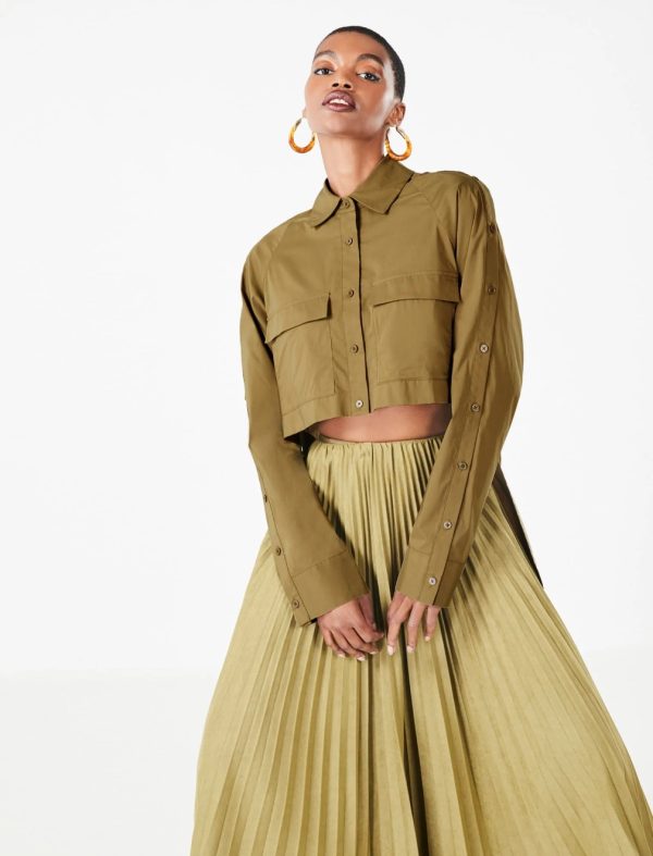 BCBG BIANCA ASYMMETRICAL BUTTON-DOWN SHIRT - OLIVE DRAB - Image 2