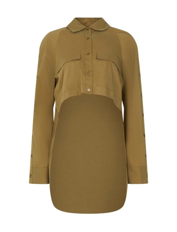 BCBG BIANCA ASYMMETRICAL BUTTON-DOWN SHIRT - OLIVE DRAB - Image 5