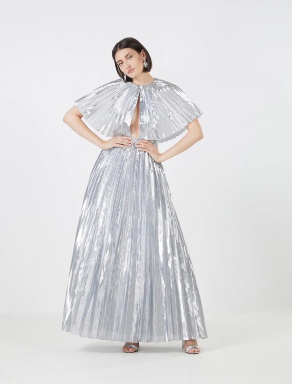 BCBG BOSCO METALLIC PLEATED EVENING DRESS - SILVER