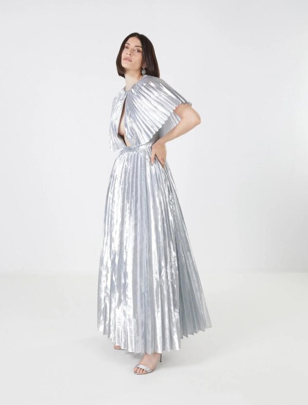 BCBG BOSCO METALLIC PLEATED EVENING DRESS - SILVER - Image 2