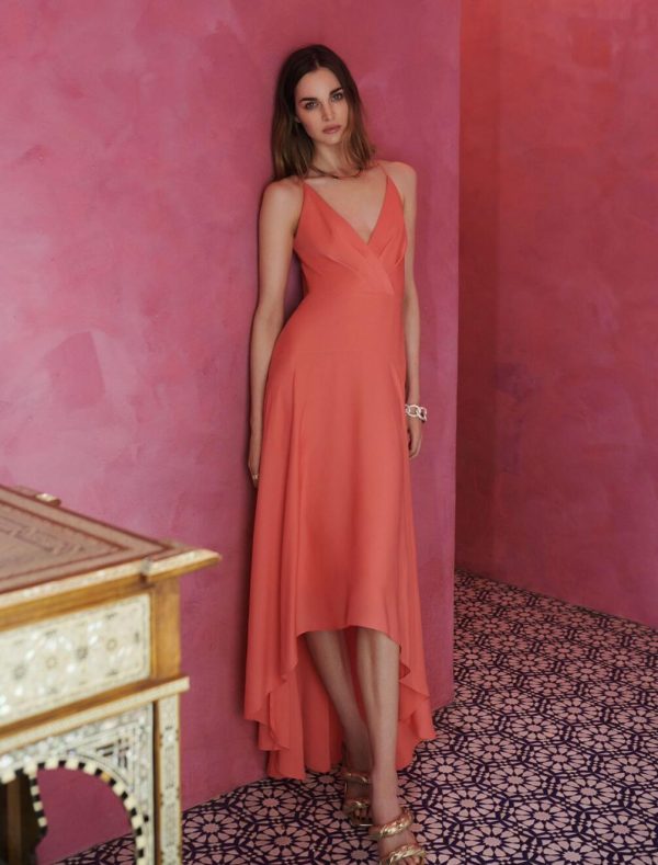 BCBG BRIGITTE HIGH-LOW EVENING DRESS - CALYPSO CORAL