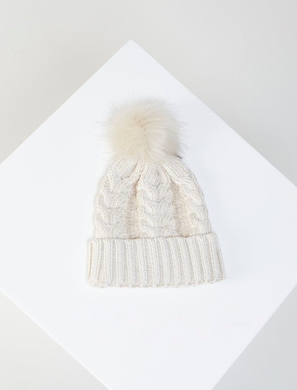 Bcbg Cable Knit Faux Fur Pom Beanie