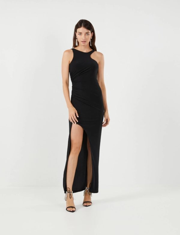 BCBG CALVIN GEO COLUMN EVENING DRESS - BLACK