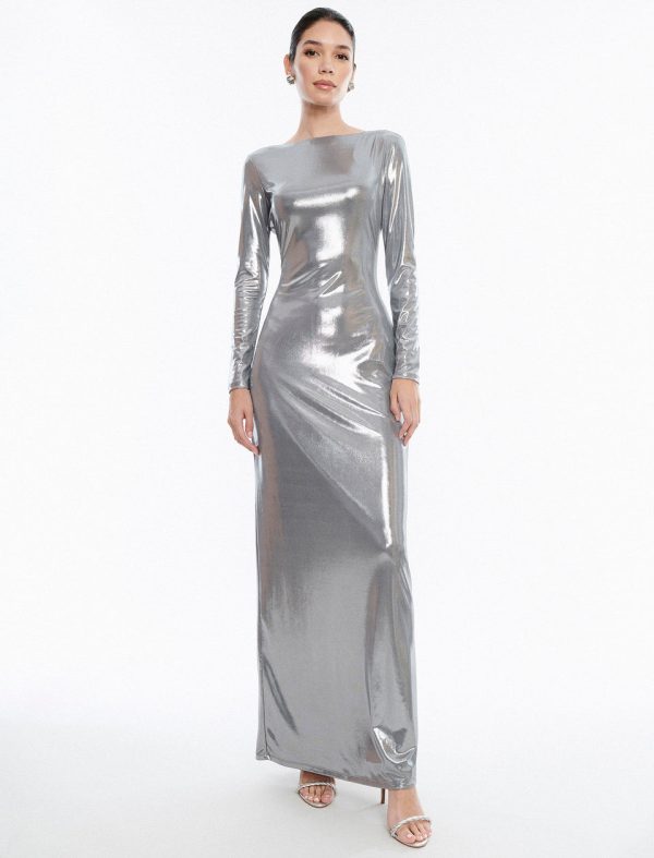 Bcbg Sheridan Backless Metallic Column Gown Silver