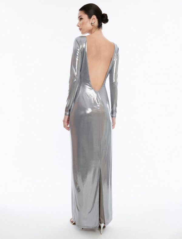 Bcbg Sheridan Backless Metallic Column Gown Silver - Image 2