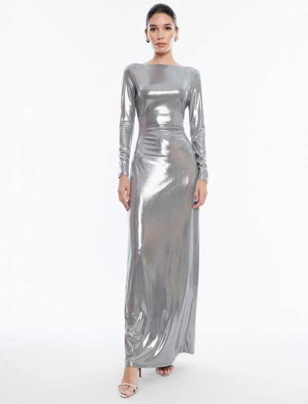 Bcbg Sheridan Backless Metallic Column Gown Silver - Image 3