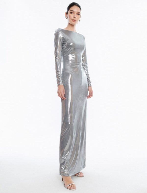 Bcbg Sheridan Backless Metallic Column Gown Silver - Image 4