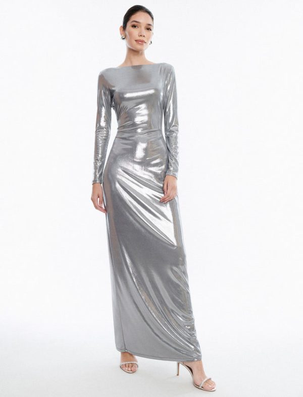 Bcbg Sheridan Backless Metallic Column Gown Silver - Image 5