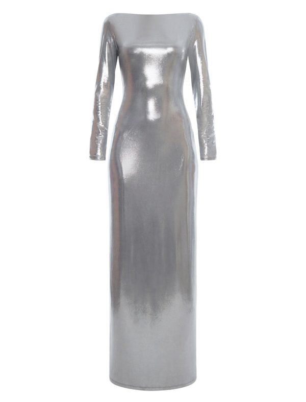 Bcbg Sheridan Backless Metallic Column Gown Silver - Image 8