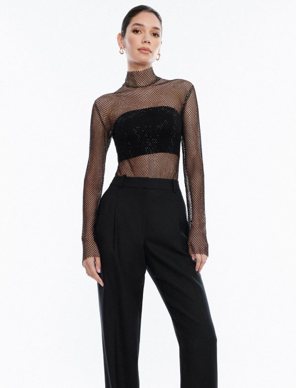 Bcbg Sparkle Mesh Mock Neck Bodysuit Black Beauty