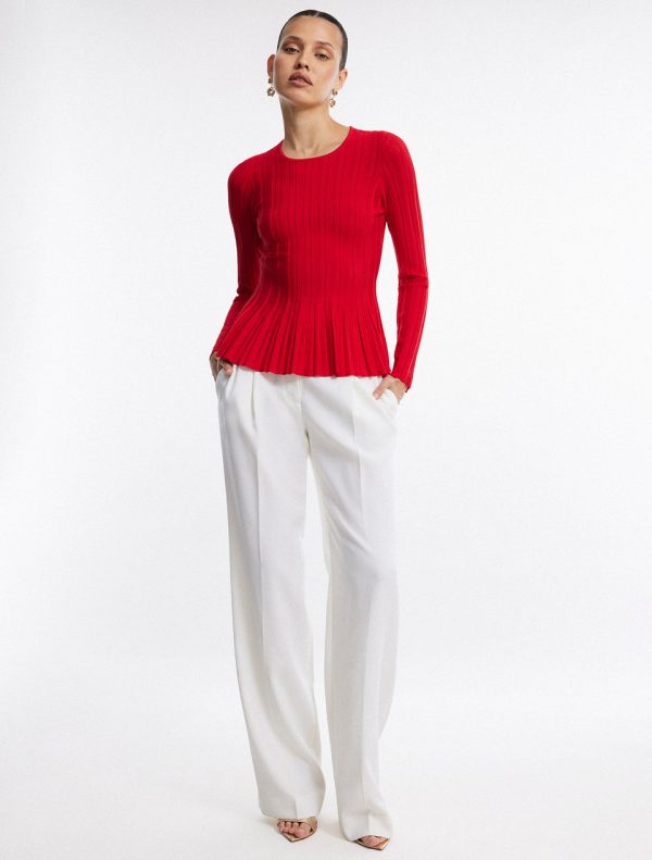 Bcbg Long Sleeve Rib Peplum Knit Top Fiery Red