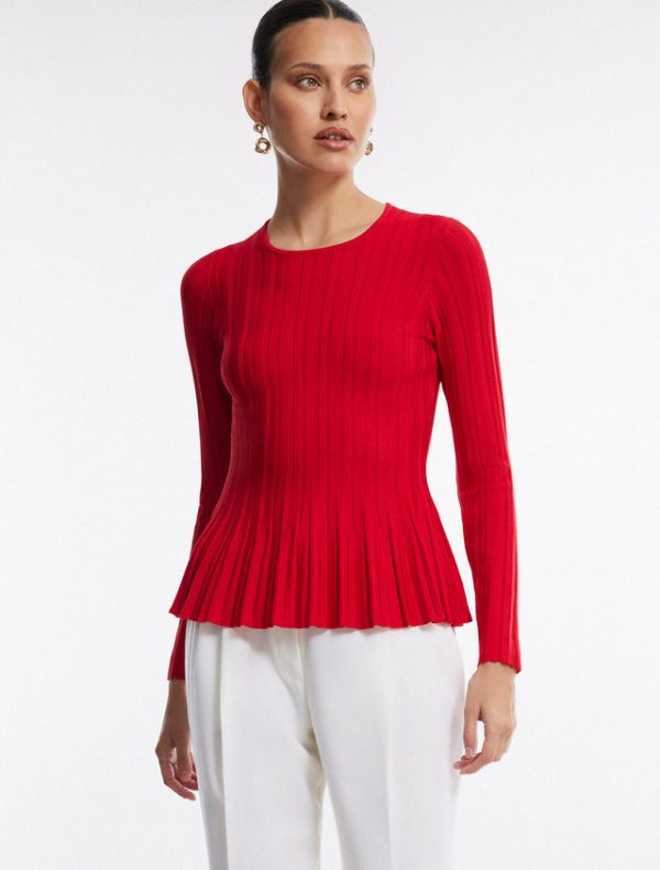 Bcbg Long Sleeve Rib Peplum Knit Top Fiery Red - Image 5