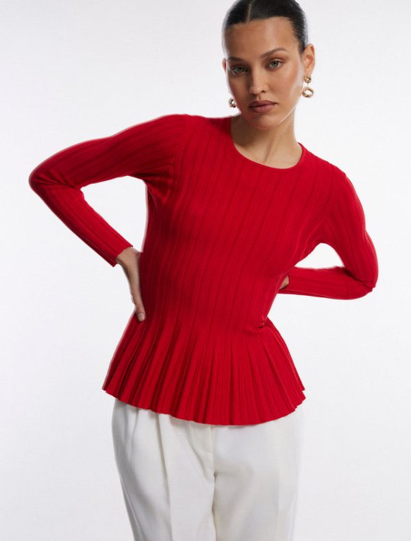 Bcbg Long Sleeve Rib Peplum Knit Top Fiery Red - Image 6