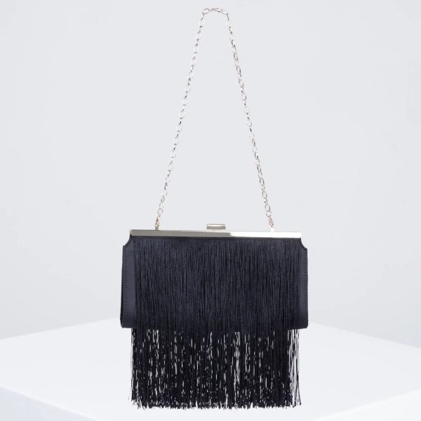 BCBG CARLA FRINGE FRAME CLUTCH - BLACK