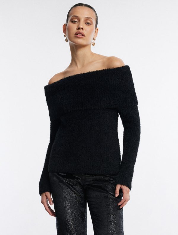 Bcbg Off-The-Shoulder Foldover Rib Sweater Black