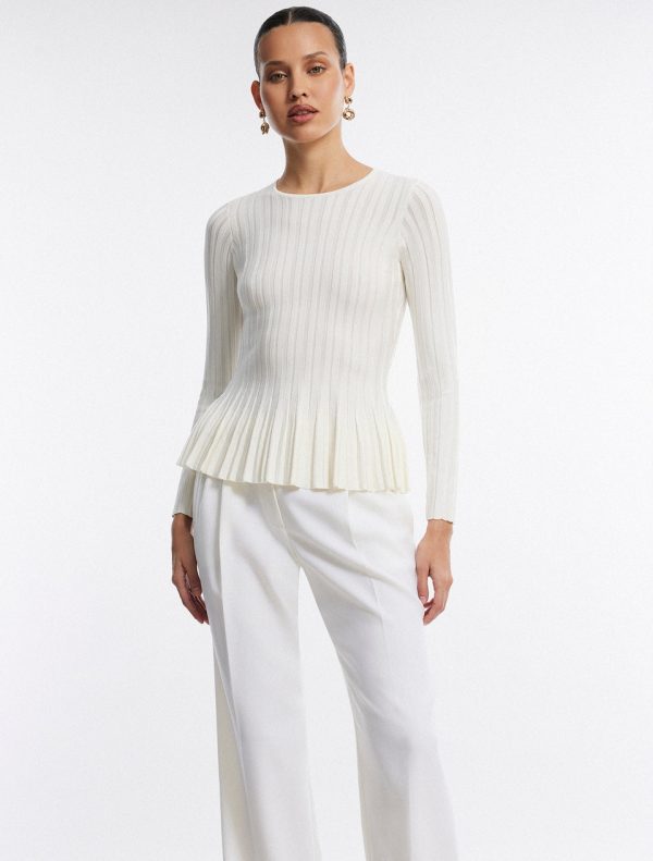 Bcbg Long Sleeve Rib Peplum Knit Top Gardenia