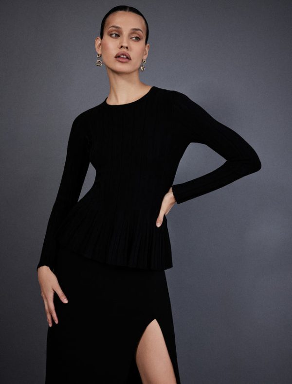 Bcbg Long Sleeve Rib Peplum Knit Top Black - Image 6