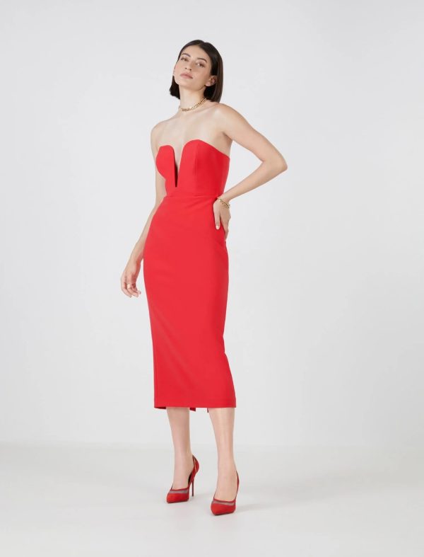 BCBG CARLO STRAPLESS MIDI DRESS - RUBICONDO