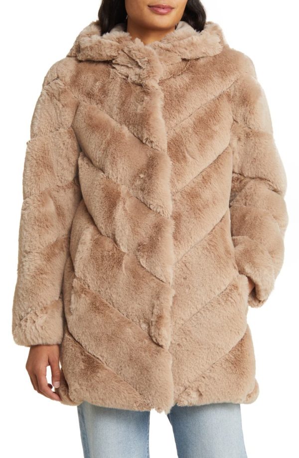 Bcbg Chevron Faux Fur Hooded Jacket Hazelnut