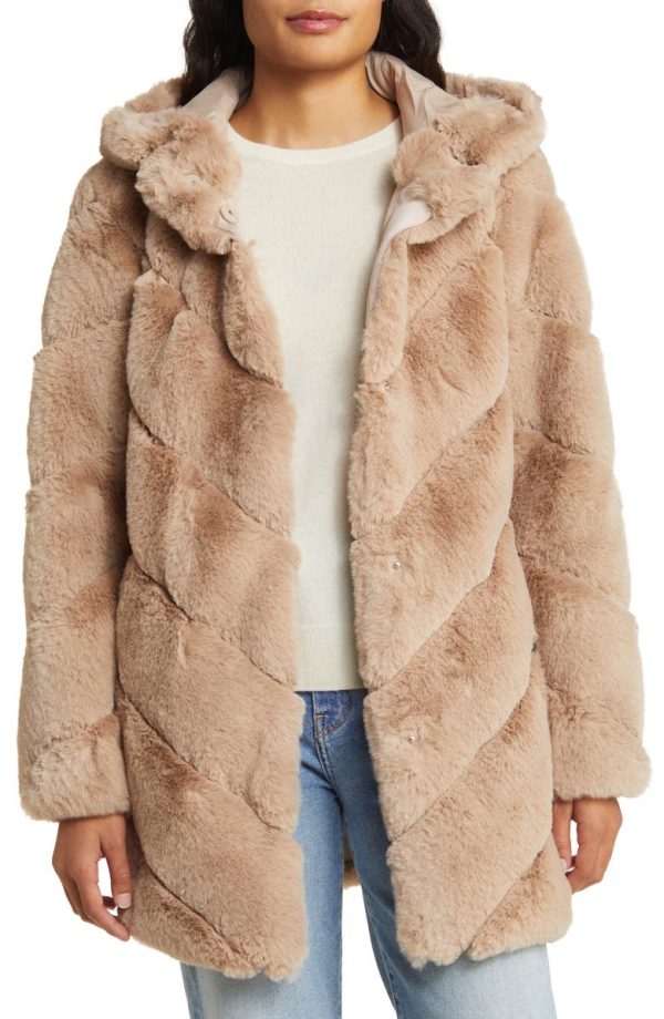 Bcbg Chevron Faux Fur Hooded Jacket Hazelnut - Image 3