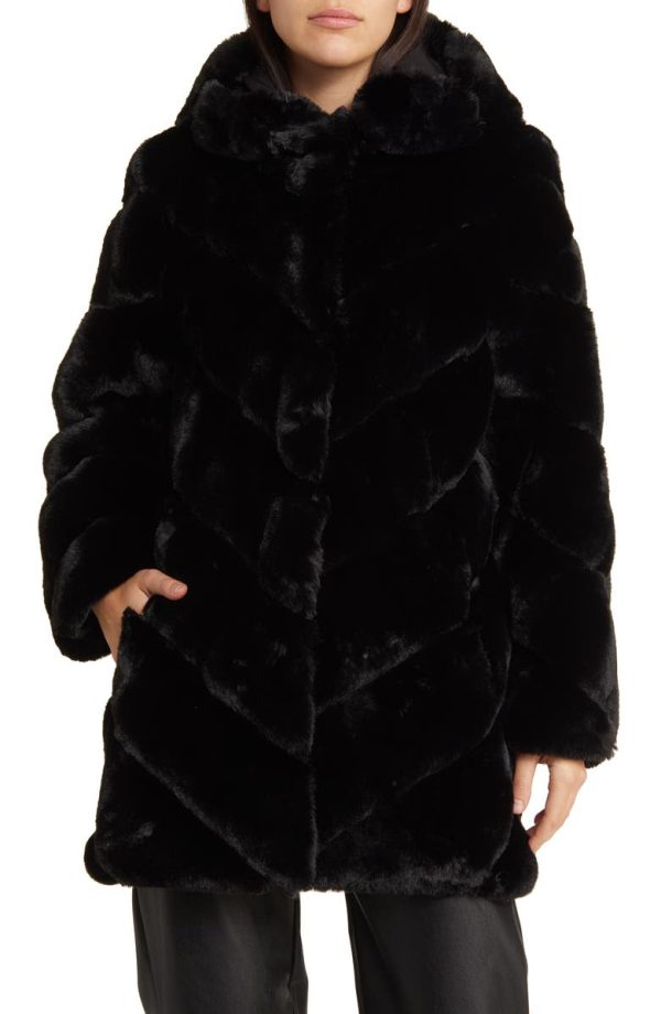 Bcbg Chevron Faux Fur Hooded Jacket Black