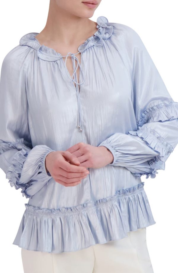 Bcbg Ruffle Long Sleeve Blouse Light Blue