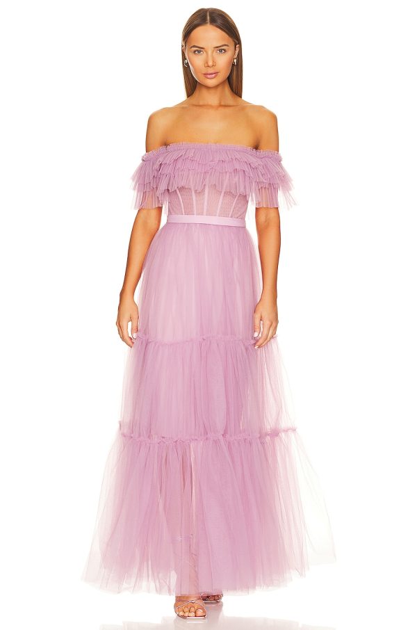 Bcbg Off Shoulder Tiered Gown Lavender Herb