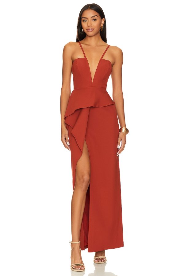 Bcbg V Neck Ruffle Gown Red Ochre