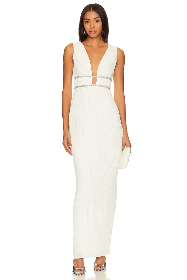 Bcbg V Neck Pleated Gown Gardenia