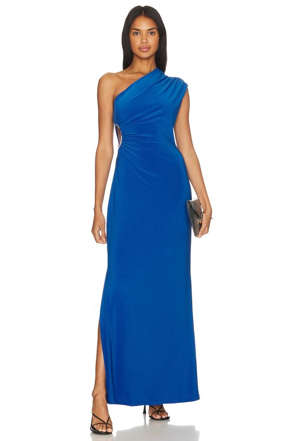 Bcbg One Shoulder Cut Out Gown Blue