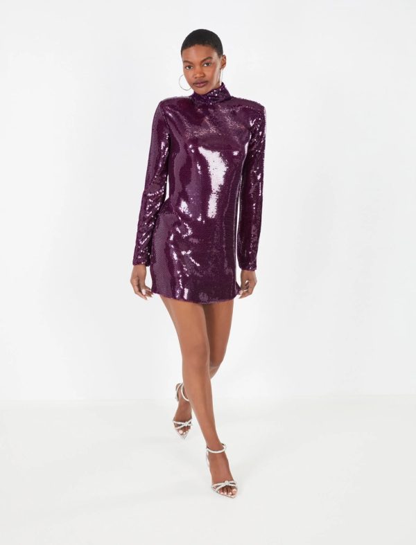 BCBG CELESTINA SEQUIN TURTLENECK DRESS - PLUM - Image 4