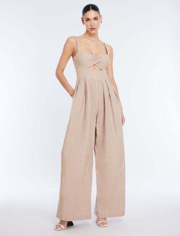 Bcbg Hadie Linen Keyhole Jumpsuit Khaki/White - Image 2