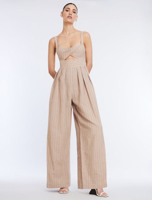 Bcbg Hadie Linen Keyhole Jumpsuit Khaki/White - Image 5