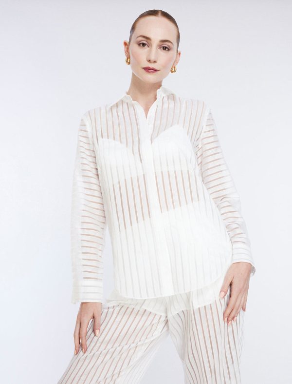 Bcbg Sheer Stripe Button Down Shirt Gardenia - Image 2