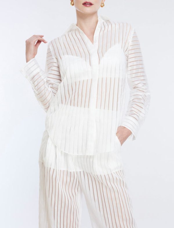 Bcbg Sheer Stripe Button Down Shirt Gardenia - Image 5