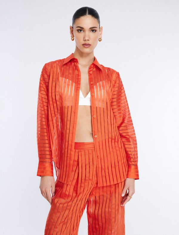 Bcbg Sheer Stripe Button Down Shirt Pumpkin - Image 2