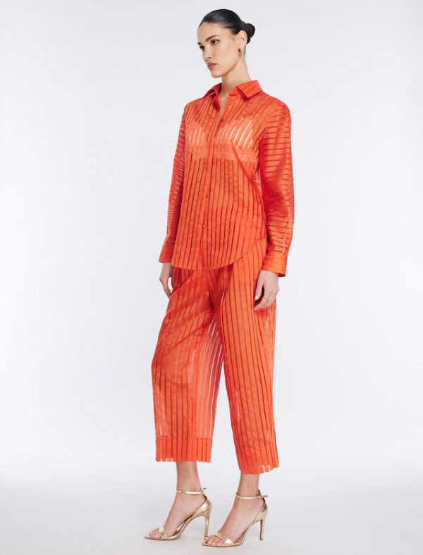 Bcbg Sheer Stripe Button Down Shirt Pumpkin - Image 3