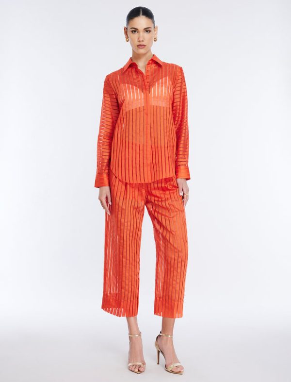 Bcbg Sheer Stripe Button Down Shirt Pumpkin - Image 5