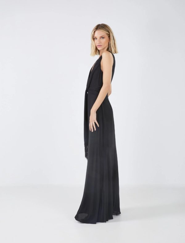 BCBG CHLOE TIE-FRONT FRINGE EVENING DRESS - BLACK - Image 2