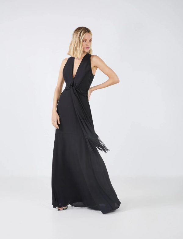 BCBG CHLOE TIE-FRONT FRINGE EVENING DRESS - BLACK - Image 3